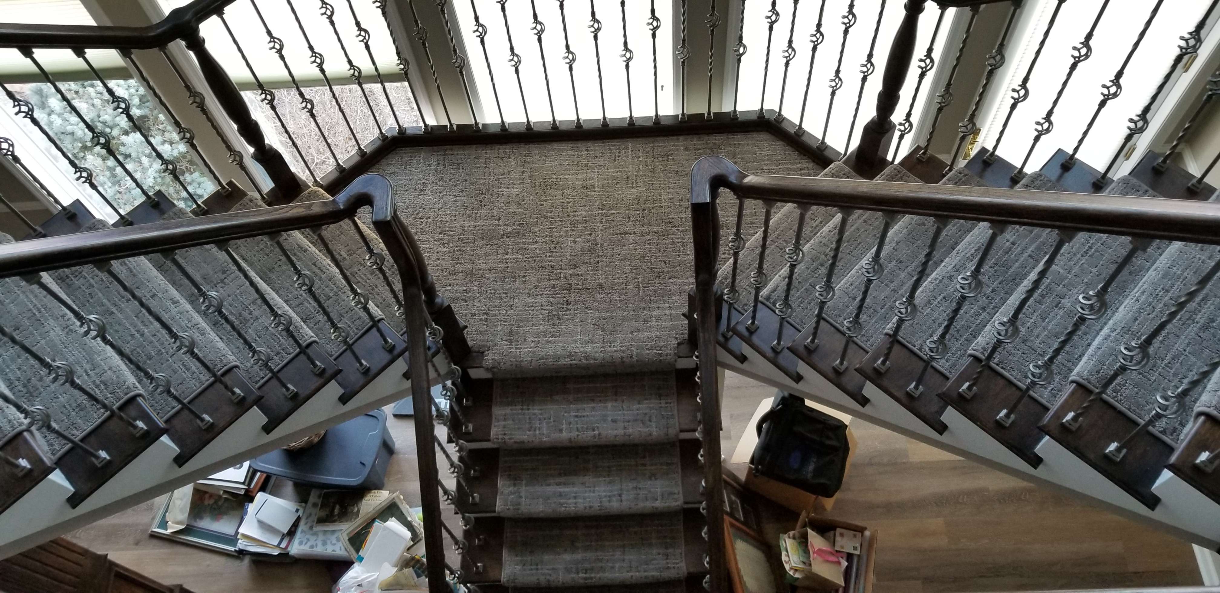 A view of the top of stairs from above.