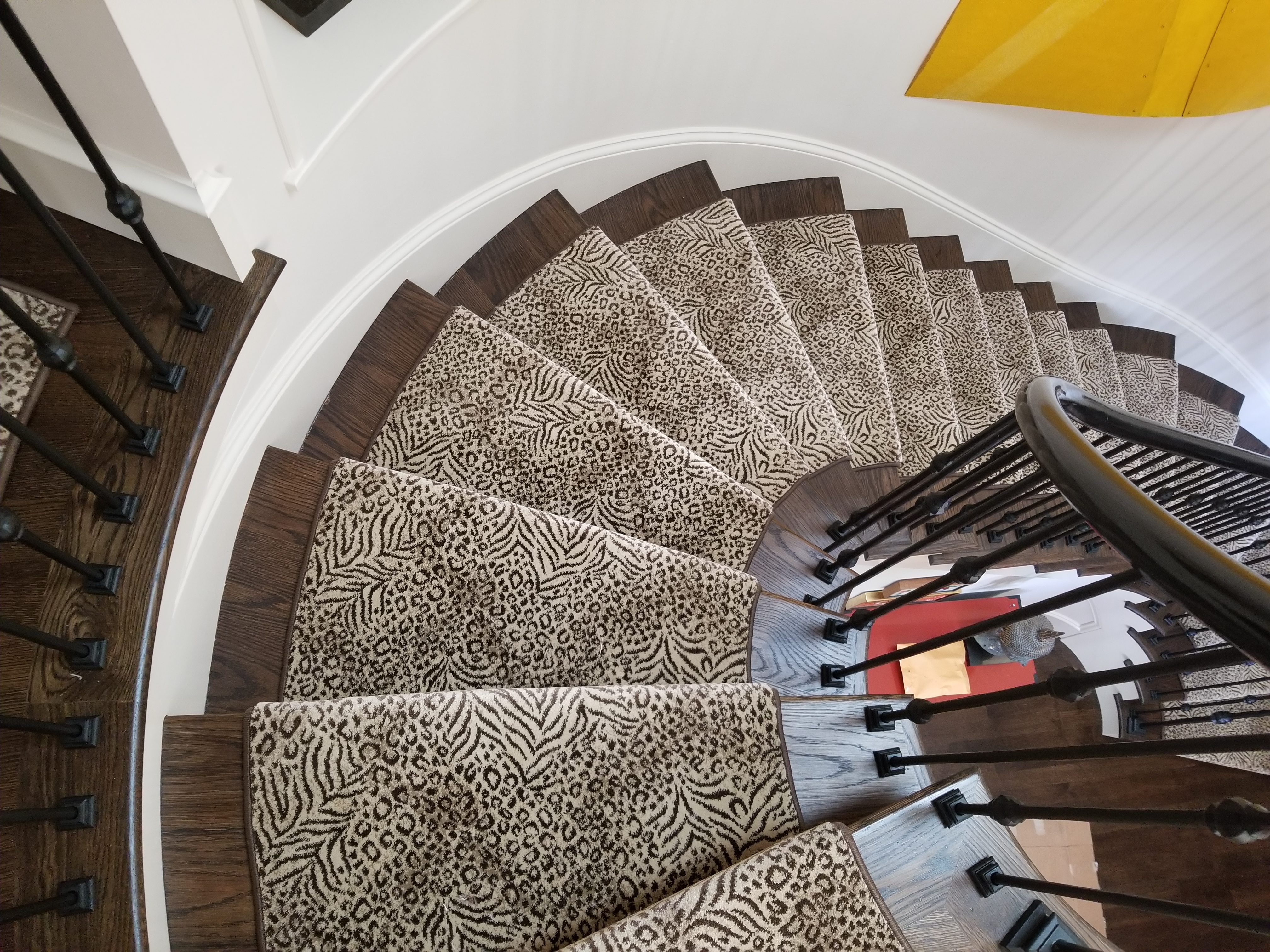 A spiral staircase with animal print carpet and wood steps.